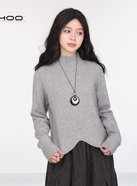 NHOO恩逅 设计感简约弧形下摆半高领套头毛衣灰色打底针织衫上衣