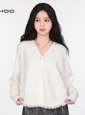 NHOO恩逅 秋冬新款简约百搭韩系流苏毛边开衫V领针织加厚毛衣