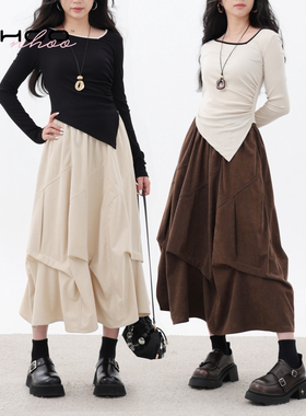 NHOO恩逅 秋冬新款灯芯绒套装女半身裙褶皱设计感中款A字棕色裙子