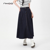 NHOO恩逅 A字伞裙 高腰中长款 洗水蓝复古牛仔半身裙女夏季 2025新款