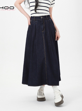 NHOO恩逅 洗水蓝复古牛仔半身裙女夏季2025新款高腰中长款A字伞裙