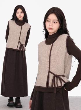 NHOO恩逅【三件套】小众设计款撞色针织马甲三件套针织打底衫套装