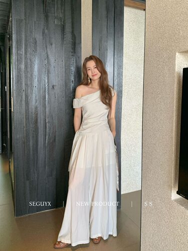 【SEGUYX 涩谷】复古斜肩套装女夏气质显瘦两件套时尚休闲