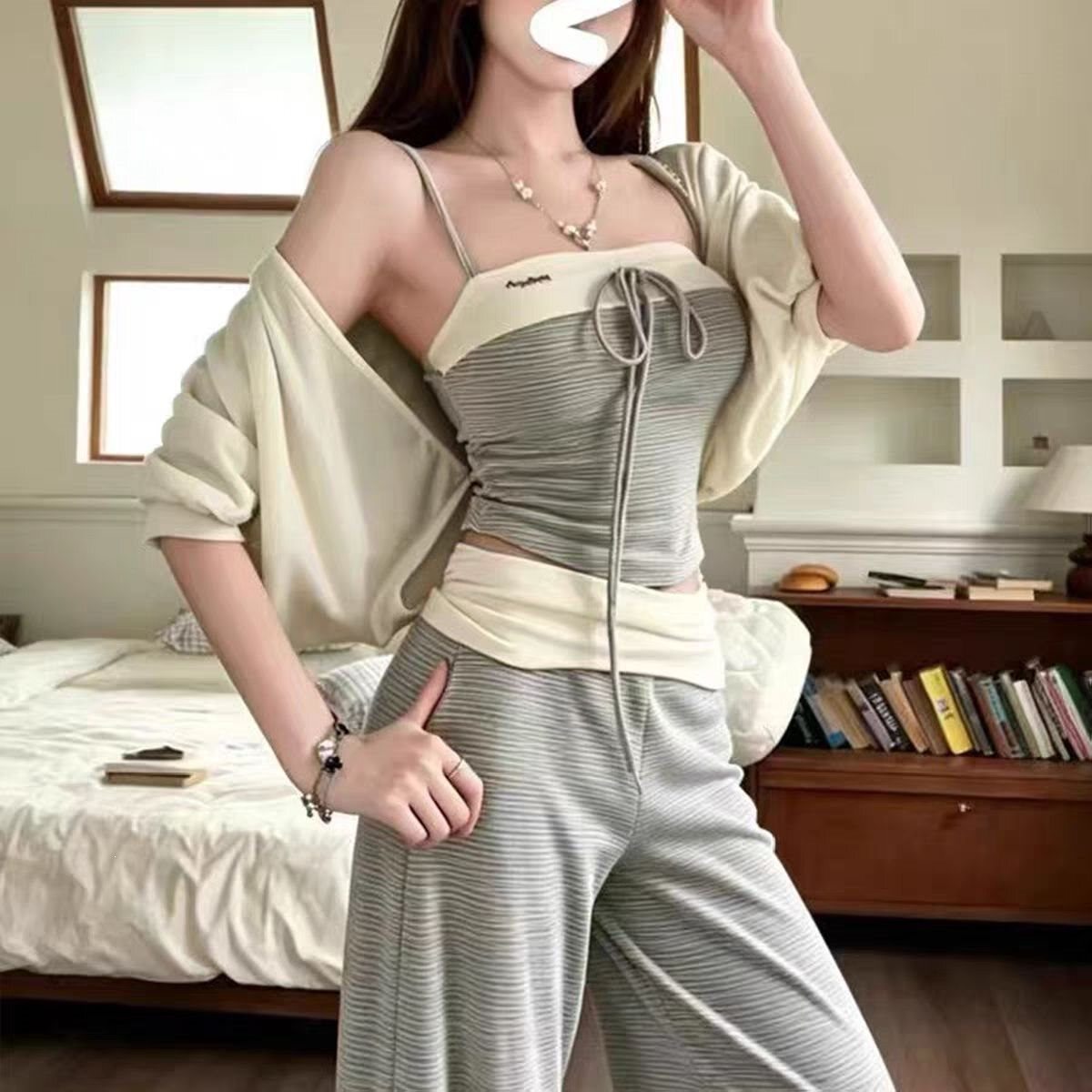 2026秋条纹吊带三件套女 薄大码套装
