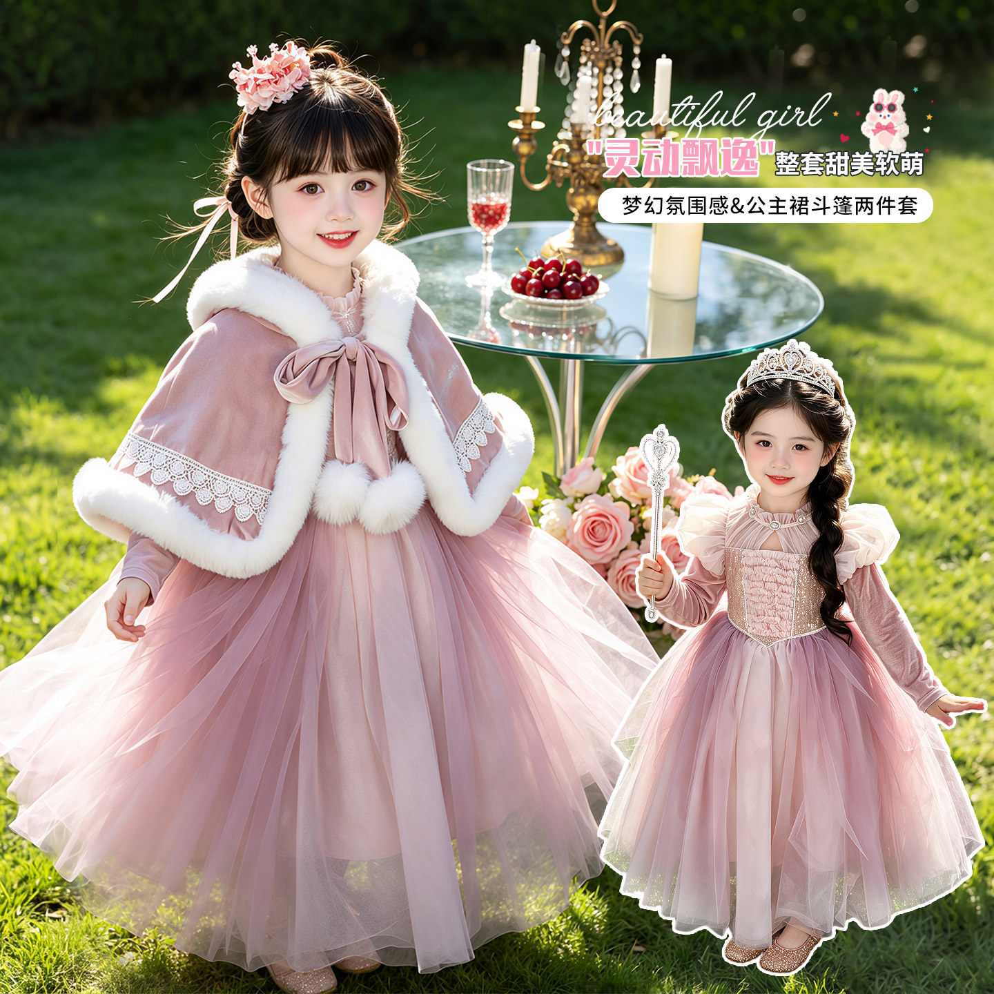女童乐佩公主裙秋冬装加绒长袖蓬蓬纱连衣裙儿童生日礼服斗篷披肩