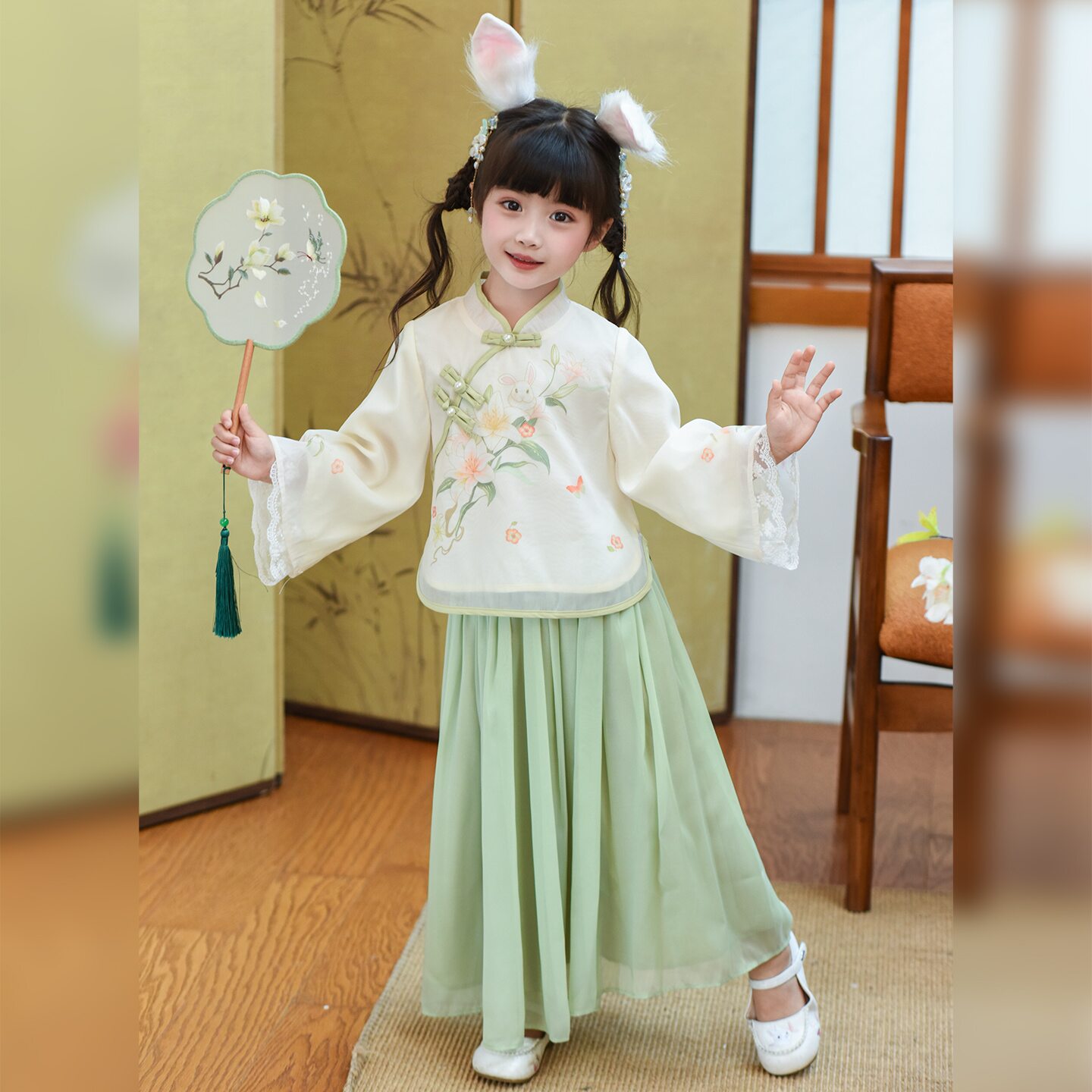 中秋绿色女童改良旗袍套装2026新款秋季儿童小女孩新中式汉服唐装