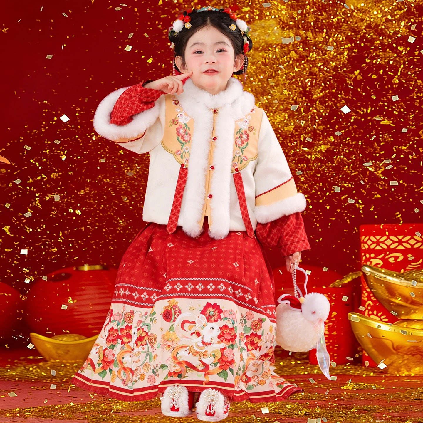 汉服女童冬季2025新款儿童中国风加厚明制马面裙套装小女孩拜年服