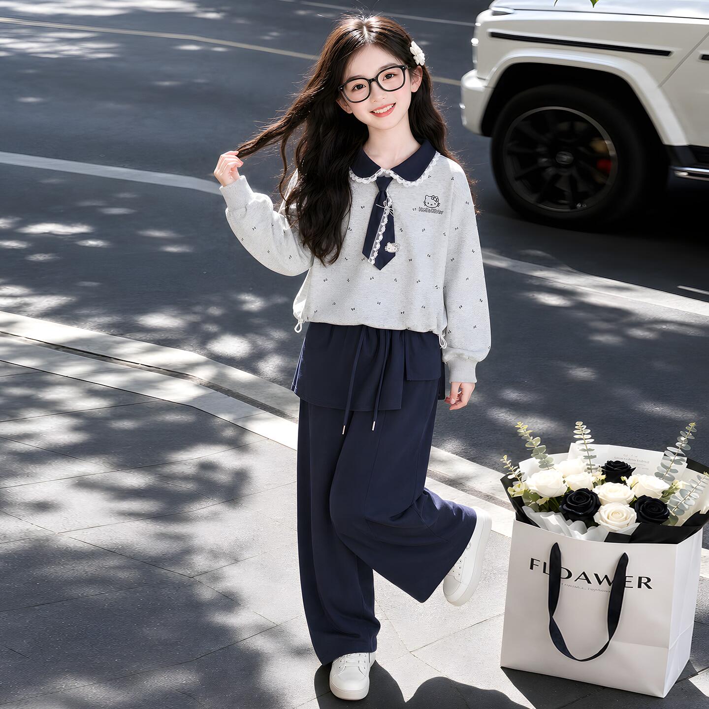 女童学院风套装2026新款韩系甜美娃娃领小女孩两件套洋气休闲时髦