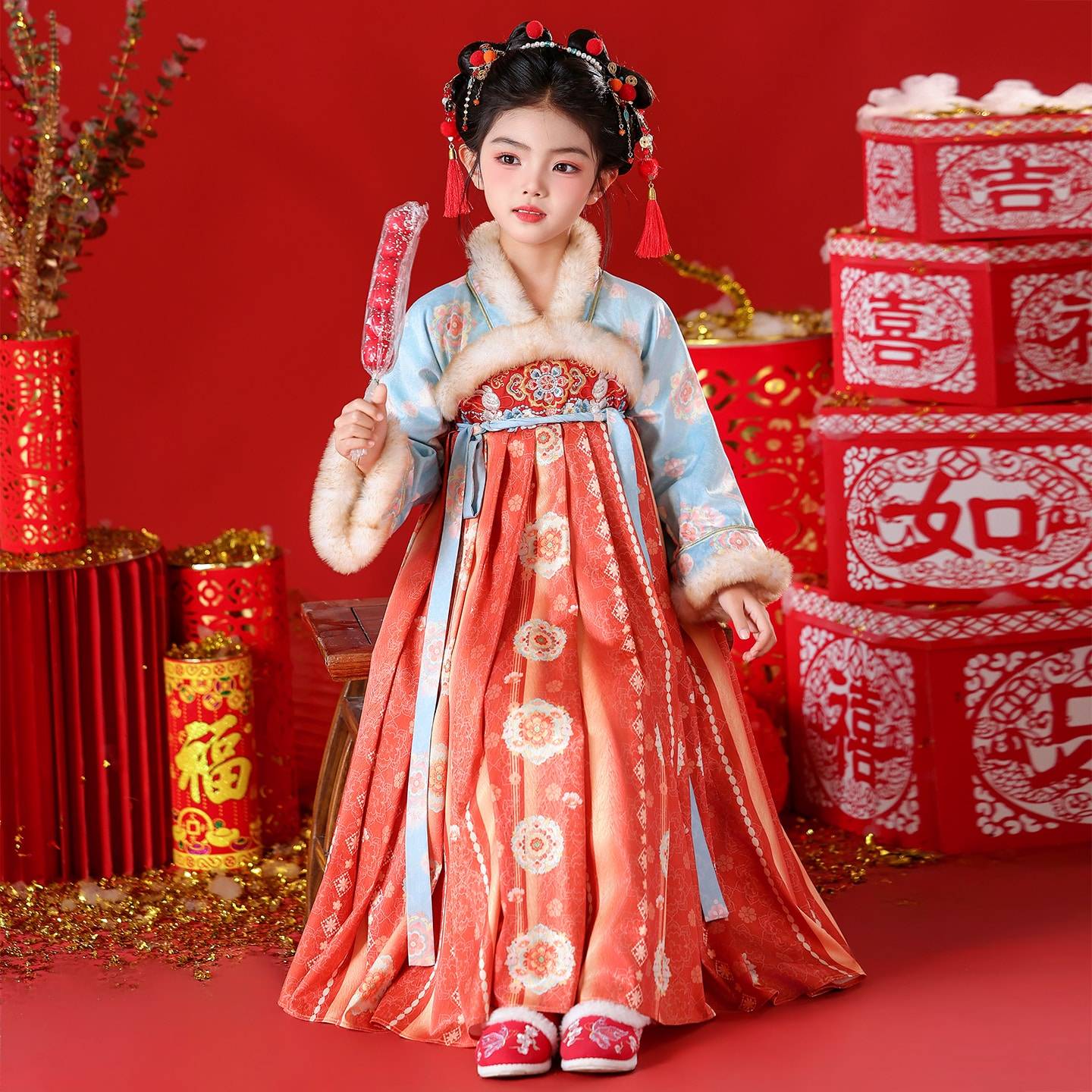 女童汉服冬季儿童古风喜庆拜年服2026新款小女孩过年唐装连衣裙冬