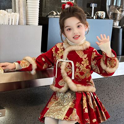 汉服女童秋冬装2025新款儿童中国风拜年服女宝宝喜庆新年古装冬款