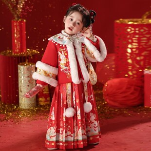 汉服女童冬季2026新款加绒儿童拜年服马面裙套装红色喜庆过年古装