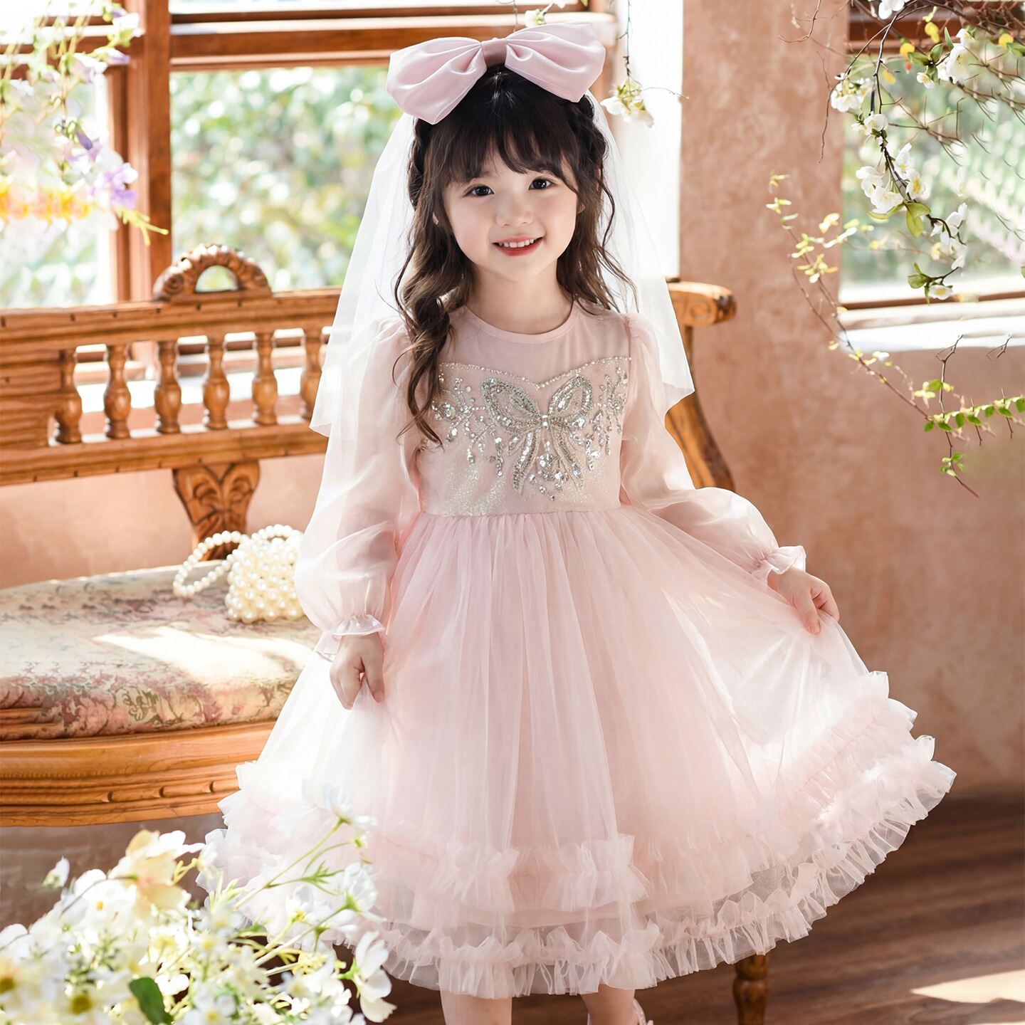 女童连衣裙秋装2026新款儿童礼服花童生日裙子小女孩公主裙春秋季