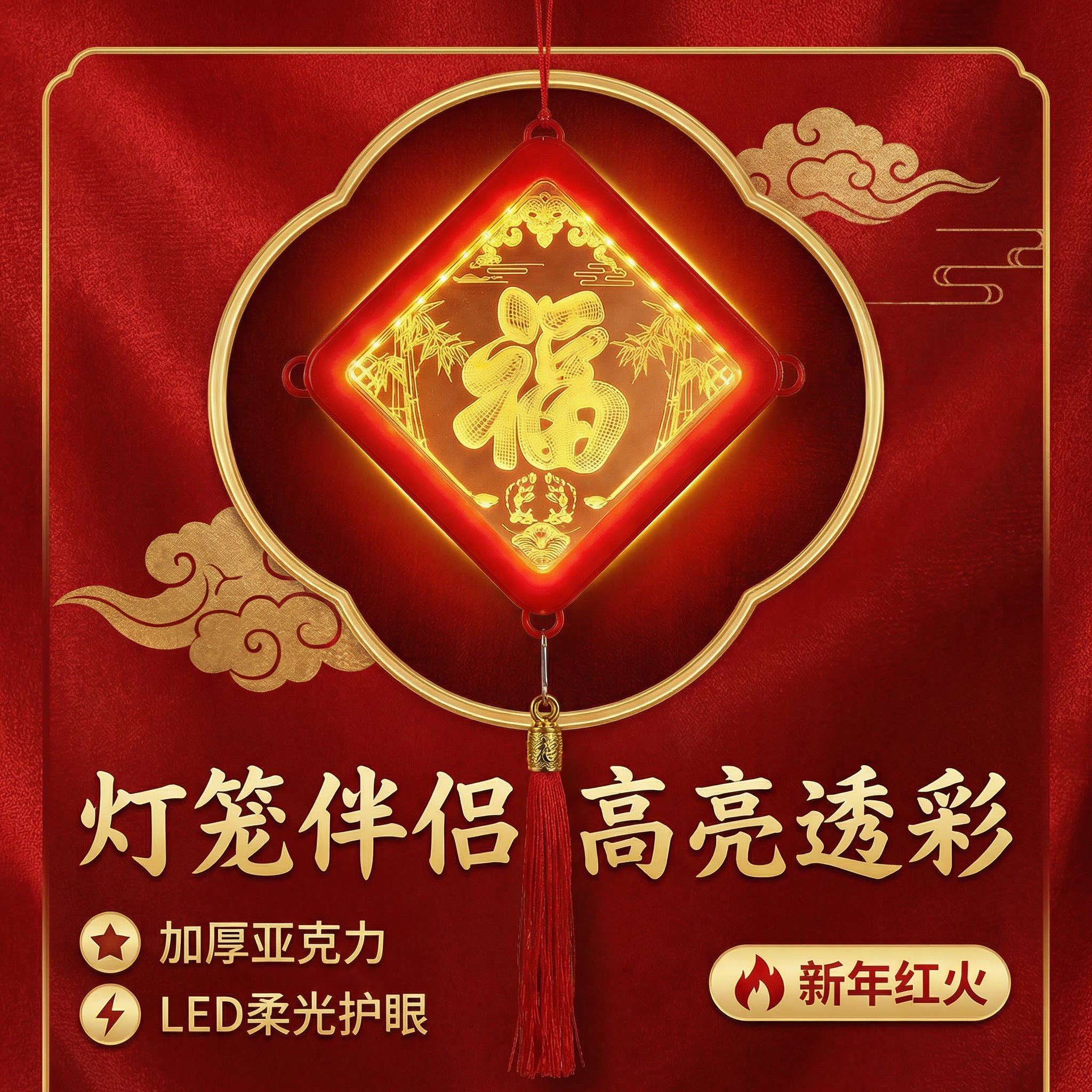 2026新款旋转灯笼大门口春节七彩福字走马灯一对阳台结婚乔迁装饰