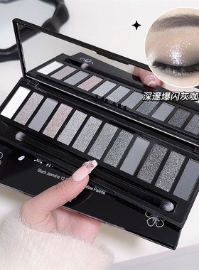跨境亚裔辣妹十二色眼影盘哑光大地色黑色烟熏妆水泥珠光细闪眼影