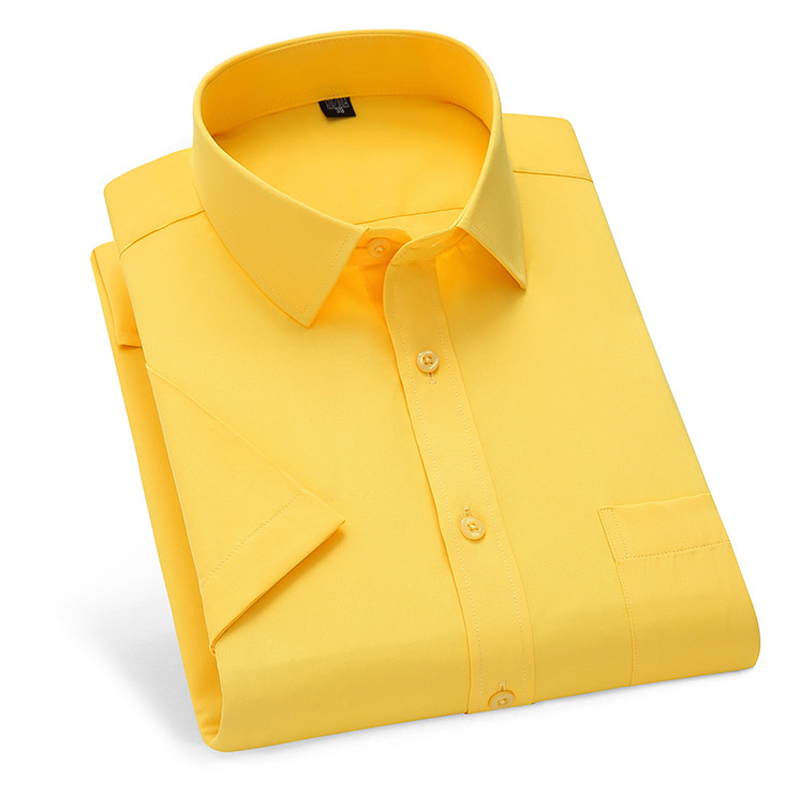 纯黄色半袖短袖衬衫思维伯格尖领
