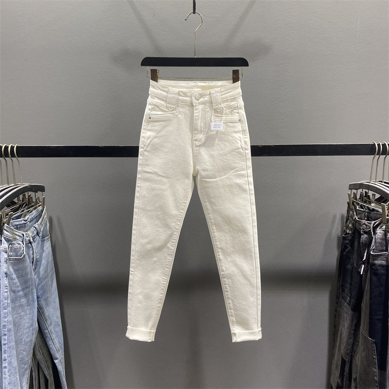 【清仓不退换】米白色小脚牛仔裤女高腰弹力显瘦薄绒紧身铅笔裤,女装/女士精品,牛仔裤,淘宝优惠券,粉丝福利购,淘宝优惠卷