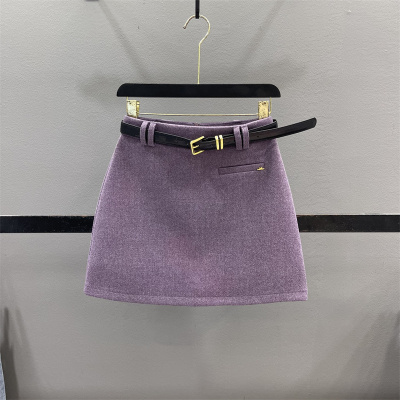 紫色毛呢短裙女高腰A字半身裙