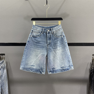 中裤 百搭宽松显瘦直筒休闲短裤 女2026夏季 复古高腰五分阔腿牛仔裤