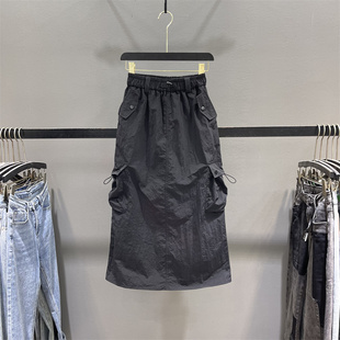 松紧高腰抽绳显瘦休闲开叉中长裙 新款 黑色半身裙女工装 裙2025夏季