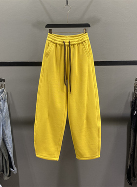 洋气黄色加绒加厚弯刀卫裤女2025秋冬高腰抽绳宽松休闲阔腿香蕉裤
