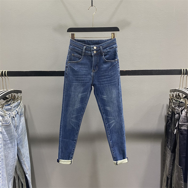 复古蓝色植绒小脚牛仔裤女铅笔裤