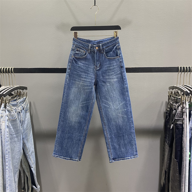 复古蓝色直筒牛仔裤女九分烟管裤