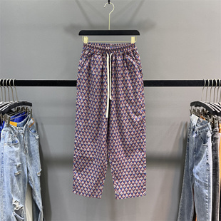高腰宽松直筒哈伦老爹裤 薄款 女2025夏季 复古印花菱形格休闲阔腿裤