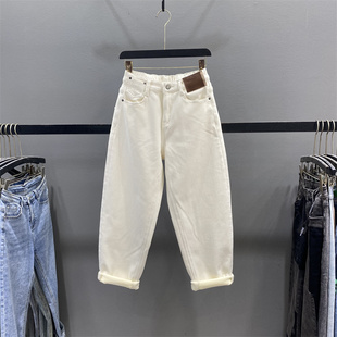 潮 女高腰宽松显瘦老爹萝卜裤 欧货2025冬季 杏色加绒加厚休闲牛仔裤