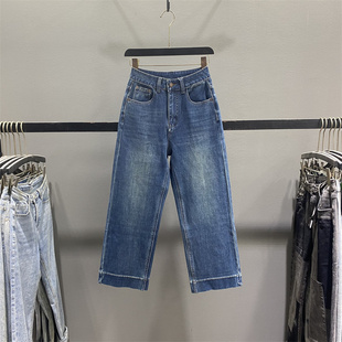 阔腿裤 复古蓝色直筒牛仔裤 高腰弹力显瘦九分窄版 新款 子 女2026春季