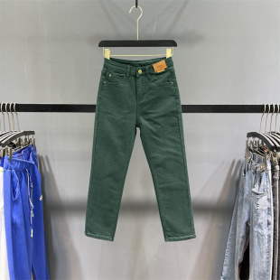 女休闲显瘦九分直筒裤 2026春季 贴布高腰绿色牛仔烟管裤 时尚 子 新款
