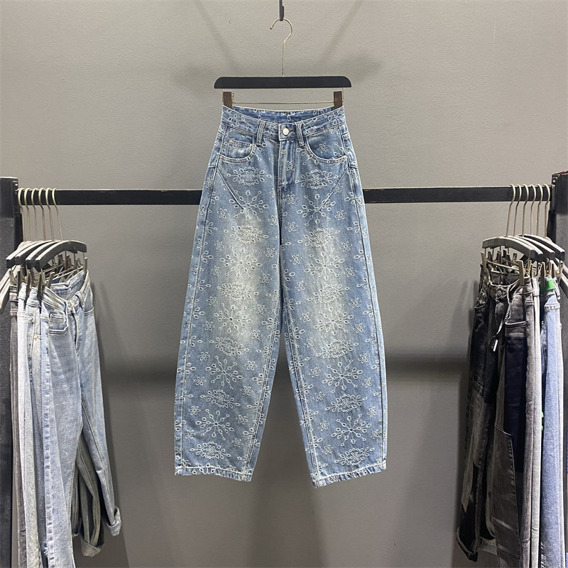 复古蓝色提花弯刀牛仔裤女2026春季新款设计感高腰宽松显瘦阔腿裤,女装/女士精品,牛仔裤,淘宝优惠券,粉丝福利购,淘宝优惠卷