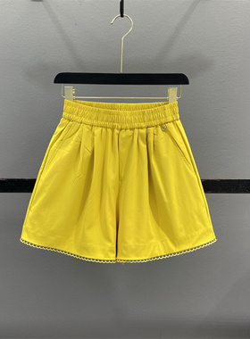 减龄黄色花边休闲短裤女2026夏季薄款松紧腰宽松显瘦A字阔腿热裤