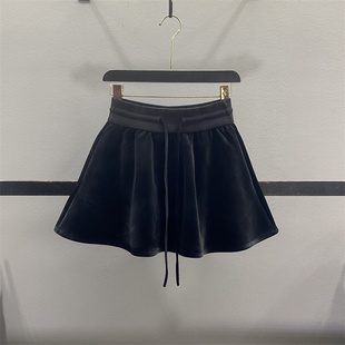 荷叶边丝绒半身裙松紧腰抽绳遮胯A字伞裙休闲短裙 清仓不退换