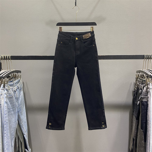 黑色直筒牛仔裤女植绒九分烟管裤