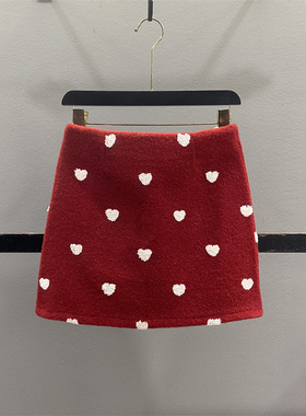 红色爱心毛呢半身裙女2025秋冬新款韩系减龄显瘦百搭A字包臀短裙