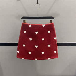 红色爱心毛呢半身裙女2025秋冬新款 韩系减龄显瘦百搭A字包臀短裙
