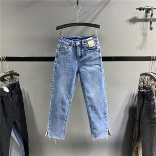 女弹力显瘦开叉毛边烟管裤 小个子八分牛仔直筒裤 新款 欧货2025秋季