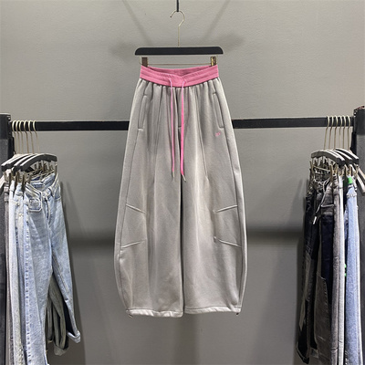 美式撞色高腰加绒加厚弯刀卫裤女