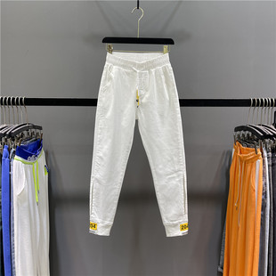 女松紧腰显瘦直筒小脚裤 白色休闲牛仔束脚裤 子 清仓不退换