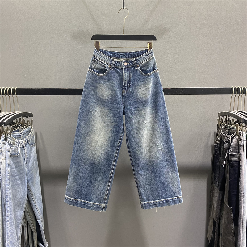 复古水洗阔腿牛仔裤女九分直筒裤