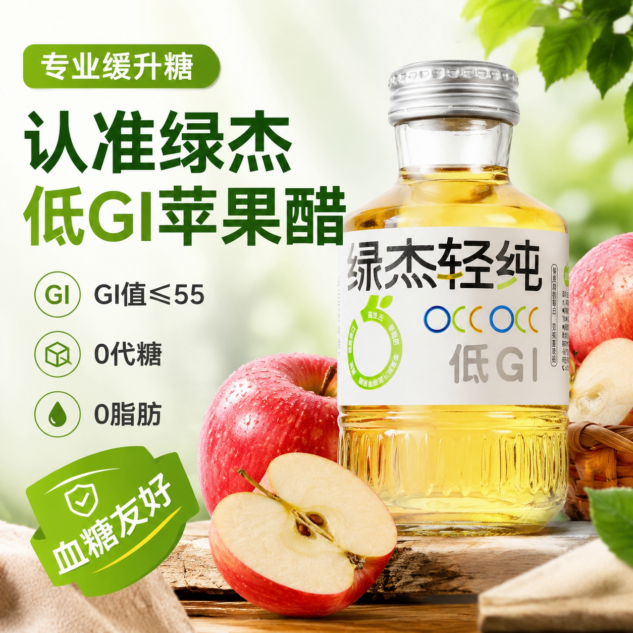 绿杰轻纯低GI苹果醋饮料280ml*6瓶0代糖0脂肪糖友可饮用低升糖