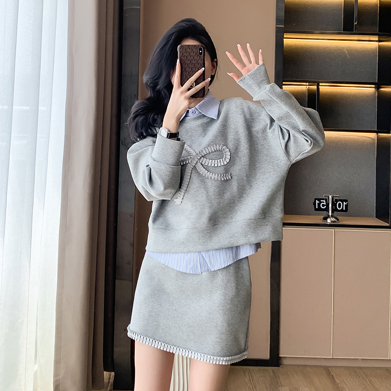 实拍慵懒风宽松卫衣春秋内搭衬衫设计感短款上衣小个子半裙三件套