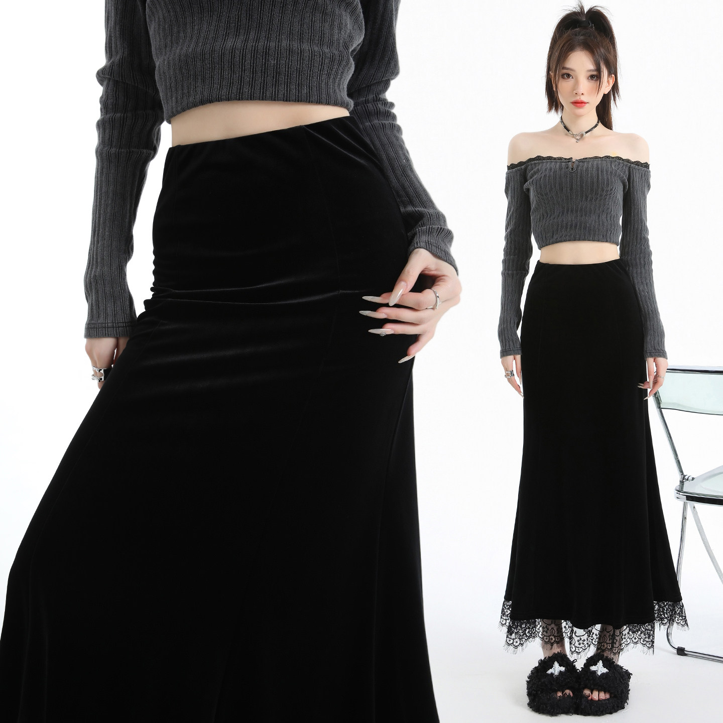 金丝绒鱼尾半身裙女秋冬2025新款中长款气质复古蕾丝拼接包臀裙子