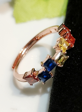 开口圈戒指可调节大小彩色方块气质简约指环