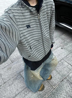 秋季条纹开衫拉链外套卫衣男