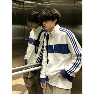 国潮牌蓝白拼接立领拉链卫衣秋季男款情侣三条杠休闲运动潮牌外套