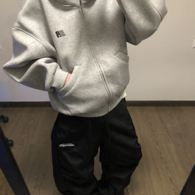 美式高街灰色空气层连帽卫衣