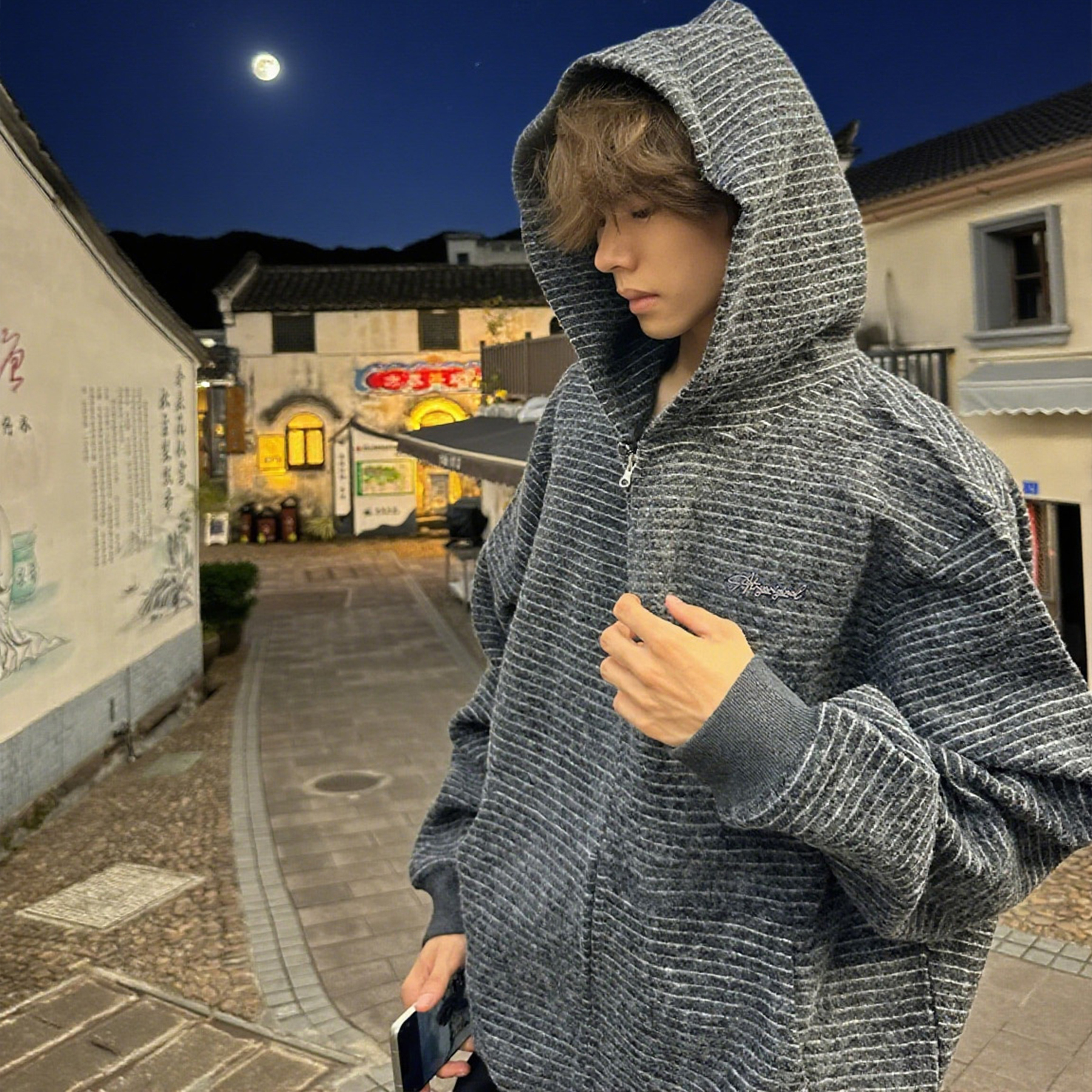 美式高街条纹连帽卫衣男款