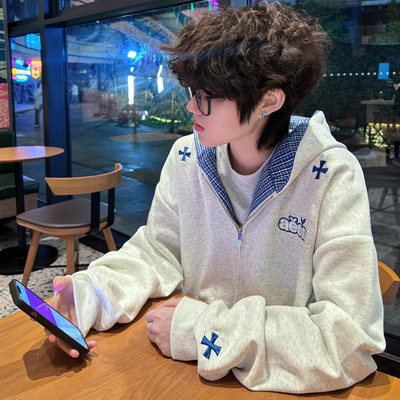 美式高街格子拼接字母刺绣卫衣