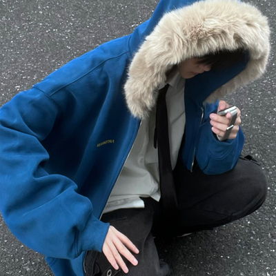 美式重磅蓝色大毛领连帽卫衣